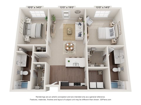 Floor plan for 2 beds, 2 baths, 1009 sqft